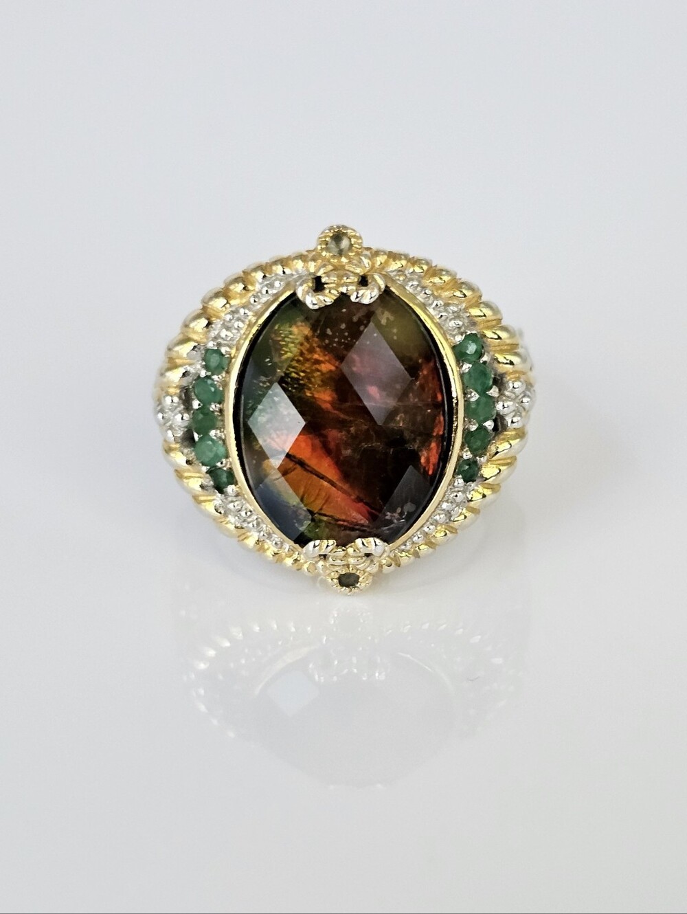 Gems En Vogue Ammolite & Emerald Ring Palladium Sterling Silver 18k Size 8! - Picture 2 of 11